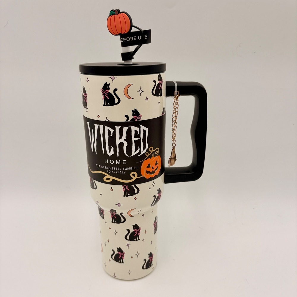 Wicked Home Halloween Black Cat 40oz Stainless Tumbler Pumpkin Straw Topper